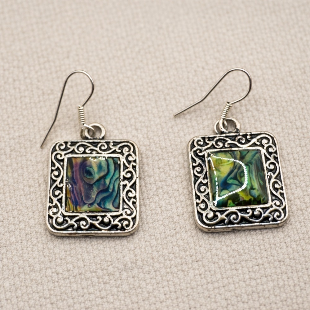 Laborite Square Drop Earrings | Silver Tone Filigree Boho Vintage Style
